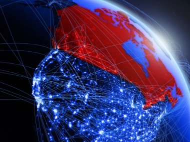 Kanada uzaydan mavi dijital gezegen Dünya modeli. Mavi dijital teknoloji kavramı, bağlantı ve seyahat. 3d illüstrasyon. Nasa tarafından döşenmiş bu görüntünün elemanları.