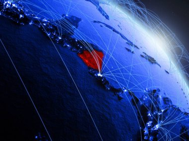 Nikaragua uzaydan mavi dijital gezegen Dünya modeli. Mavi dijital teknoloji kavramı, bağlantı ve seyahat. 3d illüstrasyon. Nasa tarafından döşenmiş bu görüntünün elemanları.