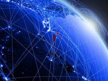 Bahamalar uzaydan mavi dijital gezegen Dünya modeli. Mavi dijital teknoloji kavramı, bağlantı ve seyahat. 3d illüstrasyon. Nasa tarafından döşenmiş bu görüntünün elemanları.