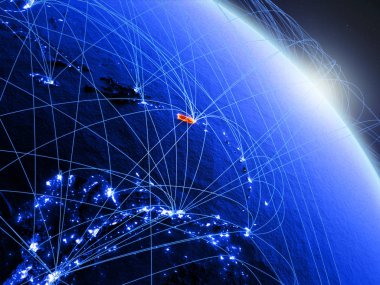 Porto Riko uzaydan mavi dijital gezegen Dünya modeli. Mavi dijital teknoloji kavramı, bağlantı ve seyahat. 3d illüstrasyon. Nasa tarafından döşenmiş bu görüntünün elemanları.