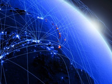 Mavi dijital gezegen Dünya modeli uzaydan Karayipler. Mavi dijital teknoloji kavramı, bağlantı ve seyahat. 3d illüstrasyon. Nasa tarafından döşenmiş bu görüntünün elemanları.