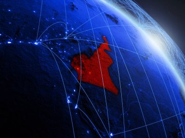 Mavi dijital gezegen Dünya modeli uzaydan Kamerun. Mavi dijital teknoloji kavramı, bağlantı ve seyahat. 3d illüstrasyon. Nasa tarafından döşenmiş bu görüntünün elemanları.