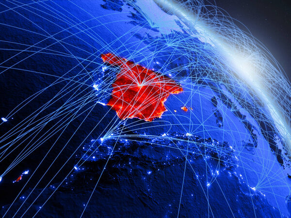 Испания из космоса по модели голубой цифровой планеты Земля. Концепция голубой цифровой технологии, связи и путешествий. 3D иллюстрация. Элементы этого изображения предоставлены НАСА
.