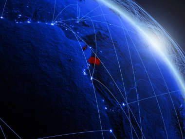 Ekvator Ginesi uzaydan mavi dijital gezegen Dünya modeli. Mavi dijital teknoloji kavramı, bağlantı ve seyahat. 3d illüstrasyon. Nasa tarafından döşenmiş bu görüntünün elemanları.