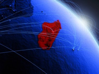 Madagaskar uzaydan mavi dijital gezegen Dünya modeli. Mavi dijital teknoloji kavramı, bağlantı ve seyahat. 3d illüstrasyon. Nasa tarafından döşenmiş bu görüntünün elemanları.