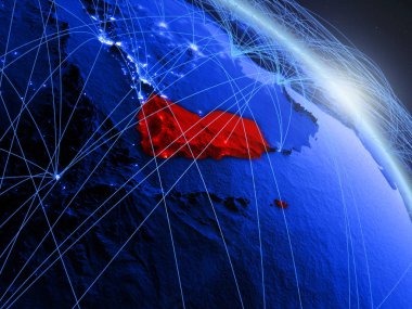 Uzaydan gelen Yemen, mavi dijital gezegen Dünya 'nın modeli. Mavi dijital teknoloji, bağlantı ve seyahat kavramı. 3 boyutlu illüstrasyon. Bu görüntünün elementleri Nasa tarafından döşenmiştir.