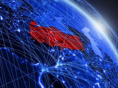 Türkiye uzaydan mavi dijital gezegen Dünya modeline göre. Mavi dijital teknoloji kavramı, bağlantı ve seyahat. 3d illüstrasyon. Nasa tarafından döşenmiş bu görüntünün elemanları.