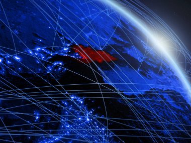 Kırgızistan uzaydan mavi dijital gezegen Dünya modeli. Mavi dijital teknoloji kavramı, bağlantı ve seyahat. 3d illüstrasyon. Nasa tarafından döşenmiş bu görüntünün elemanları.