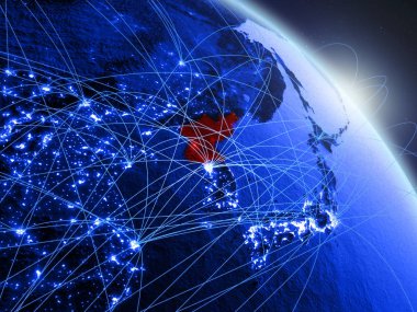 Mavi dijital gezegen Dünya modeli uzaydan Kuzey Kore. Mavi dijital teknoloji kavramı, bağlantı ve seyahat. 3d illüstrasyon. Nasa tarafından döşenmiş bu görüntünün elemanları.