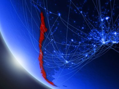 Şili mavi dijital gezegen Dünya'da ağ ile uzaydan. Uluslararası iletişim, teknoloji ve seyahat kavramı. 3d illüstrasyon. Nasa tarafından döşenmiş bu görüntünün elemanları.