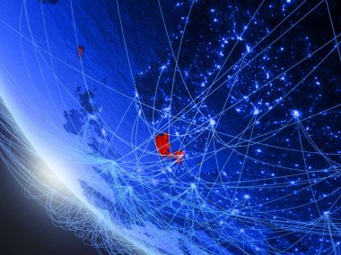 Danimarka'da mavi dijital gezegen Dünya'da uzaydan ağ ile. Uluslararası iletişim, teknoloji ve seyahat kavramı. 3d illüstrasyon. Nasa tarafından döşenmiş bu görüntünün elemanları.