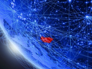 Macaristan mavi dijital gezegen Dünya'da uzaydan ağ ile. Uluslararası iletişim, teknoloji ve seyahat kavramı. 3d illüstrasyon. Nasa tarafından döşenmiş bu görüntünün elemanları.
