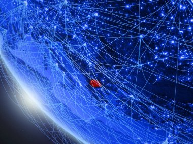 Makedonya mavi dijital gezegen Dünya'da uzaydan ağ ile. Uluslararası iletişim, teknoloji ve seyahat kavramı. 3d illüstrasyon. Nasa tarafından döşenmiş bu görüntünün elemanları.