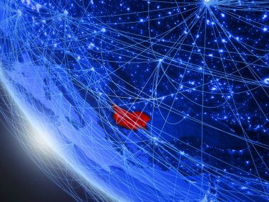 Bulgaristan mavi dijital gezegen Dünya'da ağ ile uzaydan. Uluslararası iletişim, teknoloji ve seyahat kavramı. 3d illüstrasyon. Nasa tarafından döşenmiş bu görüntünün elemanları.