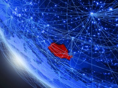 Romanya mavi dijital gezegen Dünya'da uzaydan ağ ile. Uluslararası iletişim, teknoloji ve seyahat kavramı. 3d illüstrasyon. Nasa tarafından döşenmiş bu görüntünün elemanları.