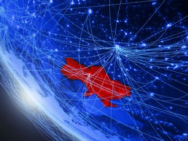 Ukrayna ağ ile uzaydan mavi dijital gezegen Dünya üzerinde. Uluslararası iletişim, teknoloji ve seyahat kavramı. 3d illüstrasyon. Nasa tarafından döşenmiş bu görüntünün elemanları.