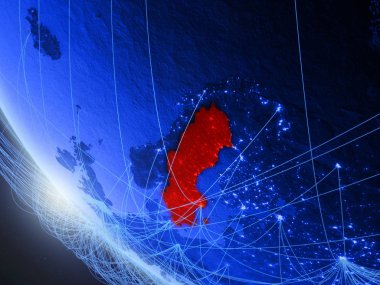 İsveç mavi dijital gezegen Dünya'da ağ ile uzaydan. Uluslararası iletişim, teknoloji ve seyahat kavramı. 3d illüstrasyon. Nasa tarafından döşenmiş bu görüntünün elemanları.