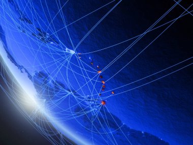Karayipler mavi dijital gezegen Dünya'da ağ ile uzaydan. Uluslararası iletişim, teknoloji ve seyahat kavramı. 3d illüstrasyon. Nasa tarafından döşenmiş bu görüntünün elemanları.