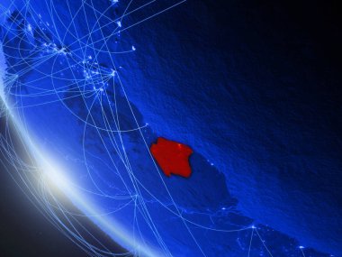Surinam mavi dijital gezegen Dünya'da ağ ile uzaydan. Uluslararası iletişim, teknoloji ve seyahat kavramı. 3d illüstrasyon. Nasa tarafından döşenmiş bu görüntünün elemanları.