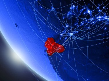 Ekvador mavi dijital gezegen Dünya'da ağ ile uzaydan. Uluslararası iletişim, teknoloji ve seyahat kavramı. 3d illüstrasyon. Nasa tarafından döşenmiş bu görüntünün elemanları.