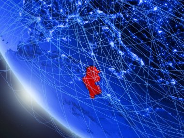 Tunus mavi dijital gezegen Dünya'da ağ ile uzaydan. Uluslararası iletişim, teknoloji ve seyahat kavramı. 3d illüstrasyon. Nasa tarafından döşenmiş bu görüntünün elemanları.