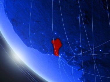 Benin ağ ile uzaydan mavi dijital gezegen Dünya üzerinde. Uluslararası iletişim, teknoloji ve seyahat kavramı. 3d illüstrasyon. Nasa tarafından döşenmiş bu görüntünün elemanları.