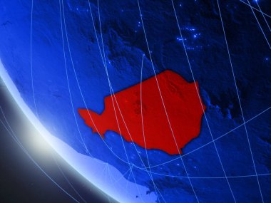 Nijer ağ ile uzaydan mavi dijital gezegen Dünya üzerinde. Uluslararası iletişim, teknoloji ve seyahat kavramı. 3d illüstrasyon. Nasa tarafından döşenmiş bu görüntünün elemanları.