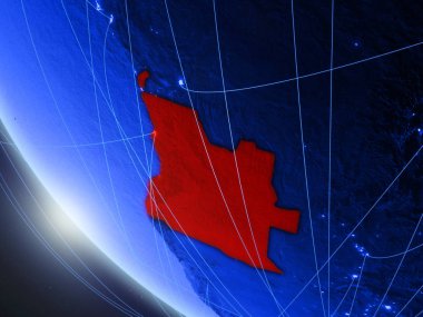 Angola mavi dijital gezegen Dünya'da ağ ile uzaydan. Uluslararası iletişim, teknoloji ve seyahat kavramı. 3d illüstrasyon. Nasa tarafından döşenmiş bu görüntünün elemanları.