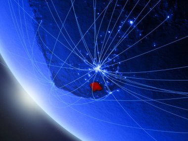 Lesotho on blue digital planet Earth from space with network. Concept of international communication, technology and travel. 3D illustration. Elements of this image furnished by NASA.