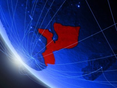 Mozambik mavi dijital gezegen Dünya üzerinde ağ ile uzaydan. Uluslararası iletişim, teknoloji ve seyahat kavramı. 3d illüstrasyon. Nasa tarafından döşenmiş bu görüntünün elemanları.