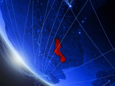 Malavi ağ ile uzaydan mavi dijital gezegen Dünya üzerinde. Uluslararası iletişim, teknoloji ve seyahat kavramı. 3d illüstrasyon. Nasa tarafından döşenmiş bu görüntünün elemanları.