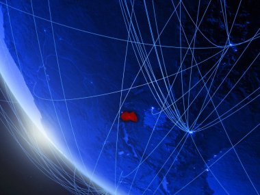 Ruanda mavi dijital gezegen Dünya'da ağ ile uzaydan. Uluslararası iletişim, teknoloji ve seyahat kavramı. 3d illüstrasyon. Nasa tarafından döşenmiş bu görüntünün elemanları.