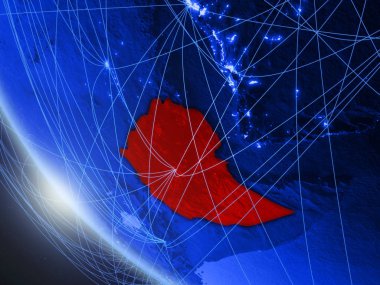 Etiyopya mavi dijital gezegen Dünya'da ağ ile uzaydan. Uluslararası iletişim, teknoloji ve seyahat kavramı. 3d illüstrasyon. Nasa tarafından döşenmiş bu görüntünün elemanları.