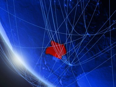 Uganda ağ ile uzaydan mavi dijital gezegen Dünya üzerinde. Uluslararası iletişim, teknoloji ve seyahat kavramı. 3d illüstrasyon. Nasa tarafından döşenmiş bu görüntünün elemanları.