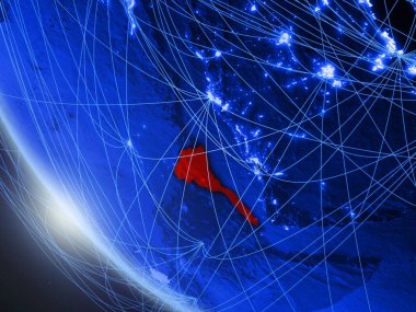 Eritre mavi dijital gezegen Dünya'da ağ ile uzaydan. Uluslararası iletişim, teknoloji ve seyahat kavramı. 3d illüstrasyon. Nasa tarafından döşenmiş bu görüntünün elemanları.