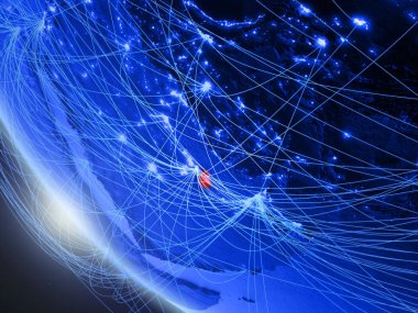 Katar mavi dijital gezegen Dünya'da uzaydan ağ ile. Uluslararası iletişim, teknoloji ve seyahat kavramı. 3d illüstrasyon. Nasa tarafından döşenmiş bu görüntünün elemanları.