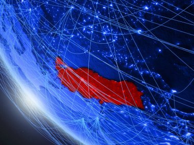 Türkiye'de mavi dijital gezegen Dünya'da uzaydan ağ ile. Uluslararası iletişim, teknoloji ve seyahat kavramı. 3d illüstrasyon. Nasa tarafından döşenmiş bu görüntünün elemanları.