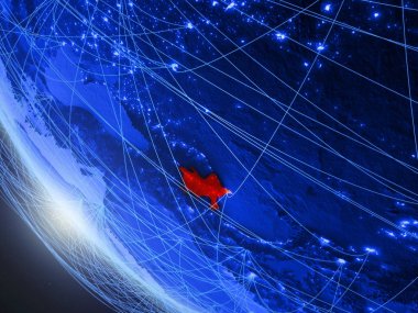 Azerbaycan'ın mavi dijital gezegeni Dünya'da uzaydan ağ ile. Uluslararası iletişim, teknoloji ve seyahat kavramı. 3d illüstrasyon. Nasa tarafından döşenmiş bu görüntünün elemanları.