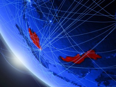 Malezya mavi dijital gezegen Dünya'da ağ ile uzaydan. Uluslararası iletişim, teknoloji ve seyahat kavramı. 3d illüstrasyon. Nasa tarafından döşenmiş bu görüntünün elemanları.