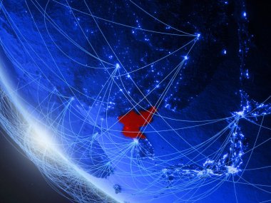 Kuzey Kore ağ ile uzaydan mavi dijital gezegen Dünya üzerinde. Uluslararası iletişim, teknoloji ve seyahat kavramı. 3d illüstrasyon. Nasa tarafından döşenmiş bu görüntünün elemanları.