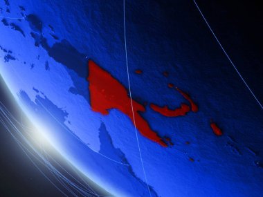 Papua Yeni Gine ağ ile uzaydan mavi dijital gezegen Dünya üzerinde. Uluslararası iletişim, teknoloji ve seyahat kavramı. 3d illüstrasyon. Nasa tarafından döşenmiş bu görüntünün elemanları.