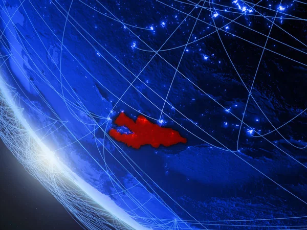 吉尔吉斯斯坦的蓝色数字星球地球从太空与网络 国际通信 技术和旅行的概念 这张图片的元素由美国宇航局提供 图库图片