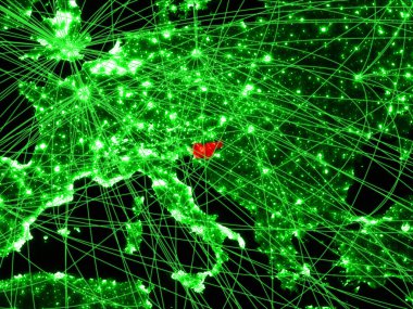 Ağları ile yeşil harita üzerinde Slovenya. Uluslararası seyahat, iletişim ve teknoloji kavramı. 3d illüstrasyon. Nasa tarafından döşenmiş bu görüntünün elemanları.