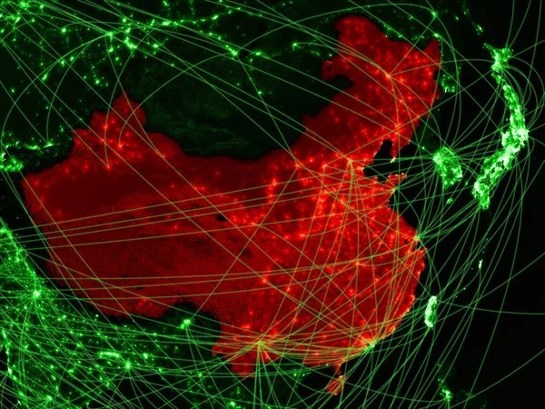 China on green map with networks. Concept of international travel, communication and technology. 3D illustration. Elements of this image furnished by NASA.