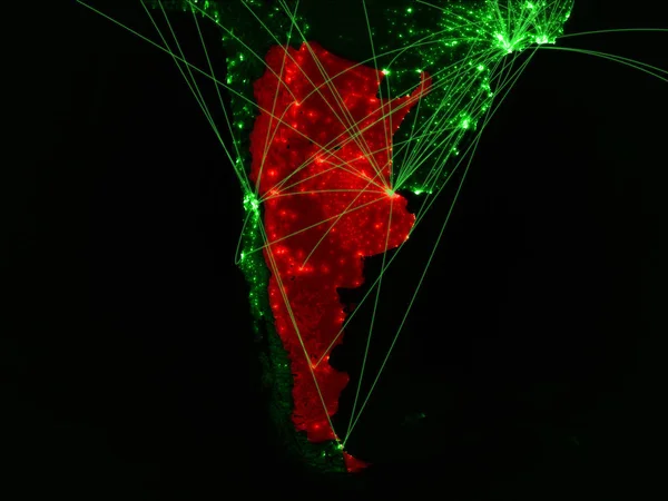 Argentina on green map with networks. Concept of international travel, communication and technology. 3D illustration. Elements of this image furnished by NASA.