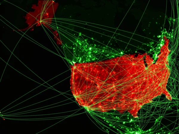 ネットワークと緑の地図上のウサ 国際旅行 コミュニケーション テクノロジーの概念 3Dイラスト この画像の要素は Nasaによって提供 — ストック写真