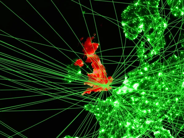 United Kingdom on green map with networks. Concept of international travel, communication and technology. 3D illustration. Elements of this image furnished by NASA.