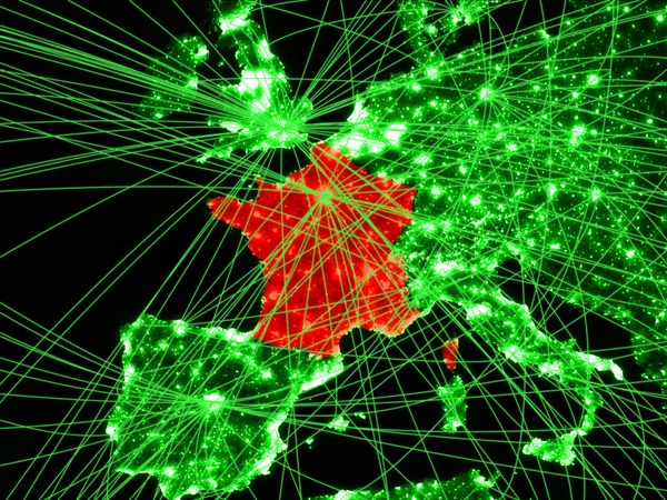 France on green map with networks. Concept of international travel, communication and technology. 3D illustration. Elements of this image furnished by NASA.