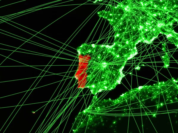 Portugal on green map with networks. Concept of international travel, communication and technology. 3D illustration. Elements of this image furnished by NASA.