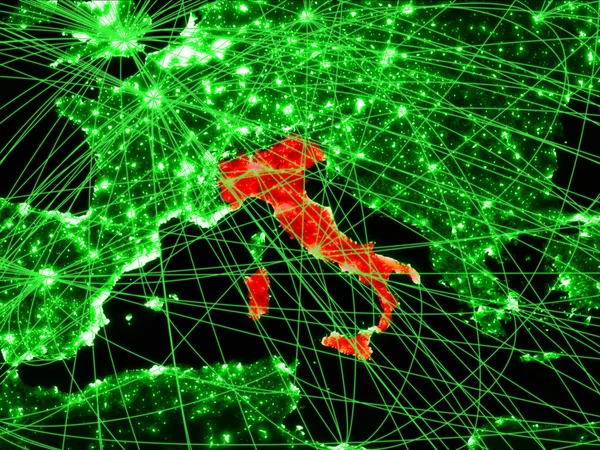 Italy on green map with networks. Concept of international travel, communication and technology. 3D illustration. Elements of this image furnished by NASA.